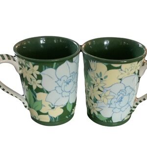 Anthropologie Green and White Floral Mugs